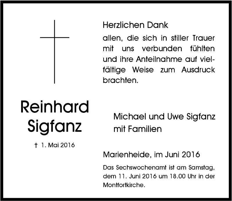  Traueranzeige für Reinhard Sigfanz vom 08.06.2016 aus  Anzeigen Echo 