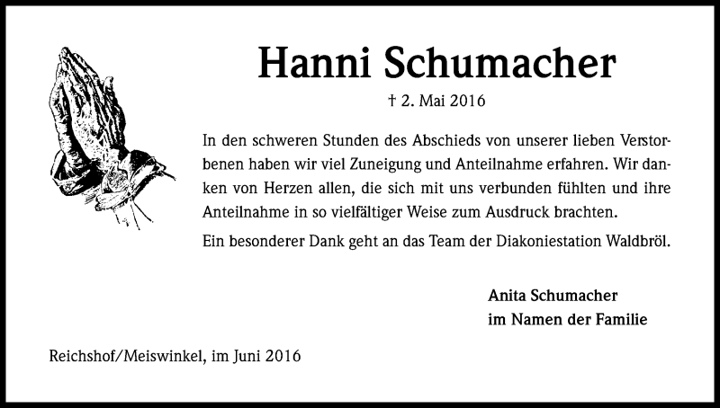  Traueranzeige für Hanni Schumacher vom 22.06.2016 aus Kölner Stadt-Anzeiger / Kölnische Rundschau / Express