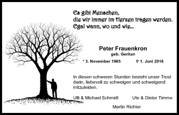 Anzeige von Peter Frauenkron von Kölner Stadt-Anzeiger / Kölnische Rundschau / Express