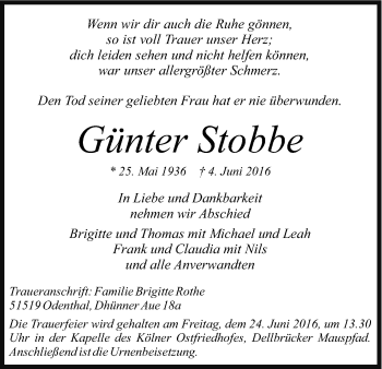 Anzeige von Günter Stobbe von Kölner Stadt-Anzeiger / Kölnische Rundschau / Express