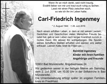 Anzeige von Carl-Friedrich Ingenmey von Kölner Stadt-Anzeiger / Kölnische Rundschau / Express