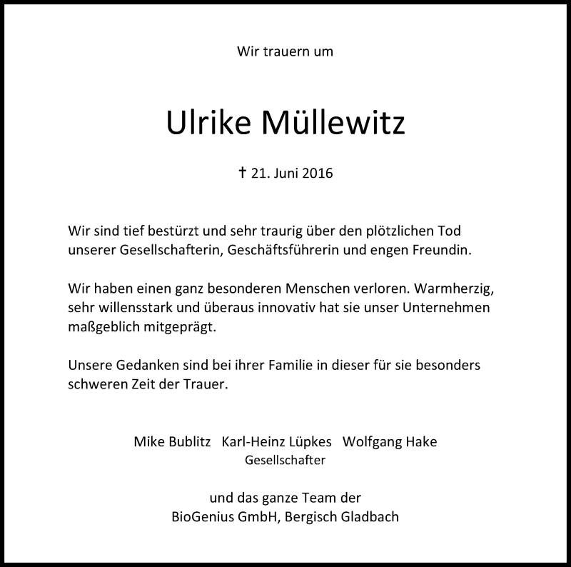 Traueranzeige für Ulrike Müllewitz vom 25.06.2016 aus Kölner Stadt-Anzeiger / Kölnische Rundschau / Express