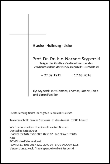 Anzeige von Norbert Szypeski von Kölner Stadt-Anzeiger / Kölnische Rundschau / Express