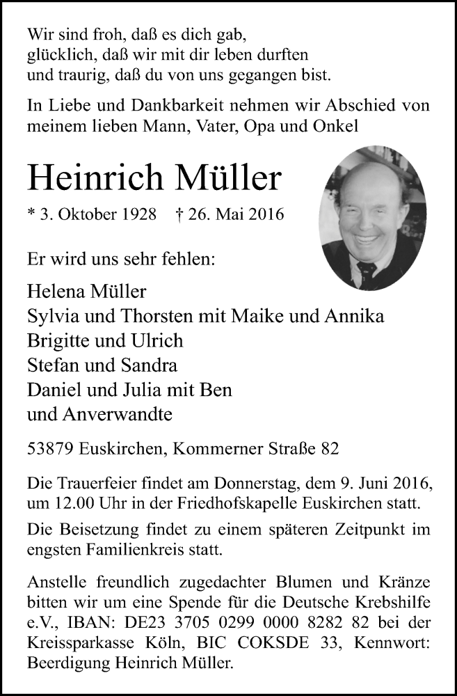  Traueranzeige für Heinrich Müller vom 04.06.2016 aus  Blickpunkt Euskirchen 