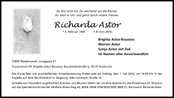 Anzeige von Richarda Astor von Kölner Stadt-Anzeiger / Kölnische Rundschau / Express