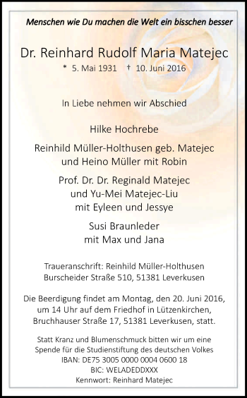 Anzeige von Reinhard Rudolf Maria Matejec von Kölner Stadt-Anzeiger / Kölnische Rundschau / Express