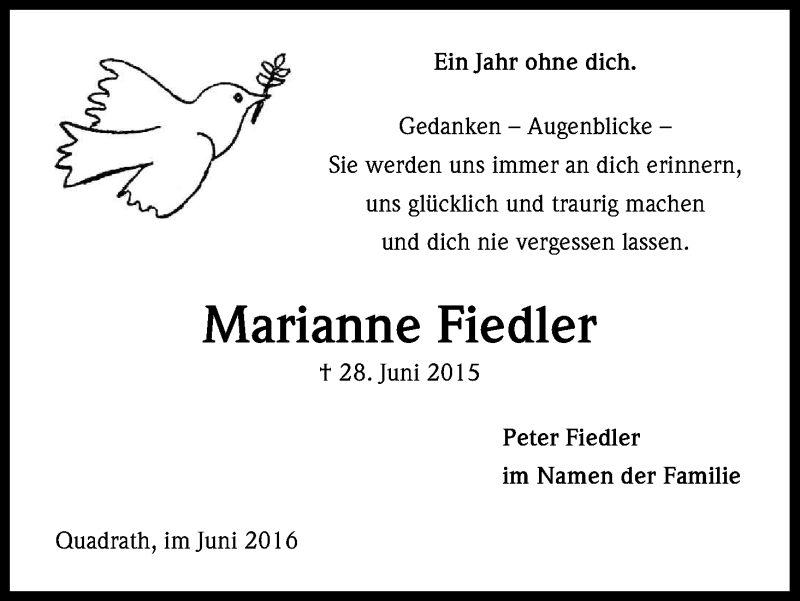  Traueranzeige für Marianne Fiedler vom 25.06.2016 aus Kölner Stadt-Anzeiger / Kölnische Rundschau / Express