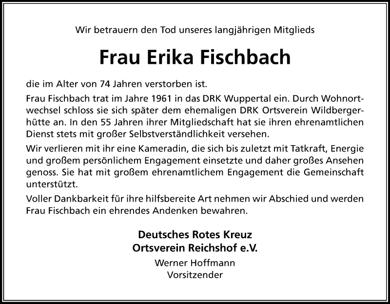  Traueranzeige für Erika Fischbach vom 25.06.2016 aus Kölner Stadt-Anzeiger / Kölnische Rundschau / Express