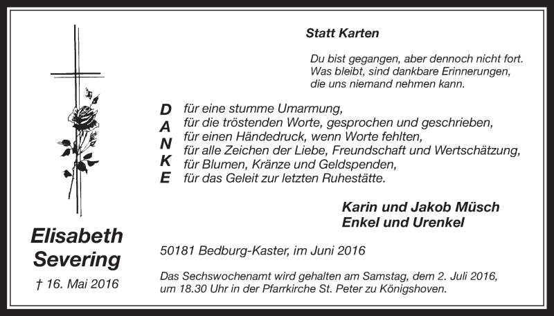  Traueranzeige für Elisabeth Severing vom 22.06.2016 aus  Werbepost 