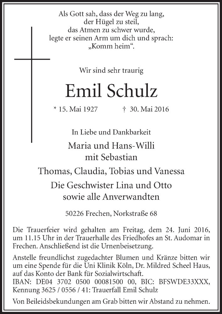  Traueranzeige für Emil Schulz vom 18.06.2016 aus  Sonntags-Post 