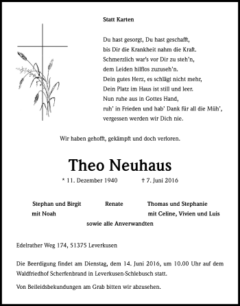 Anzeige von Theo Neuhaus von Kölner Stadt-Anzeiger / Kölnische Rundschau / Express