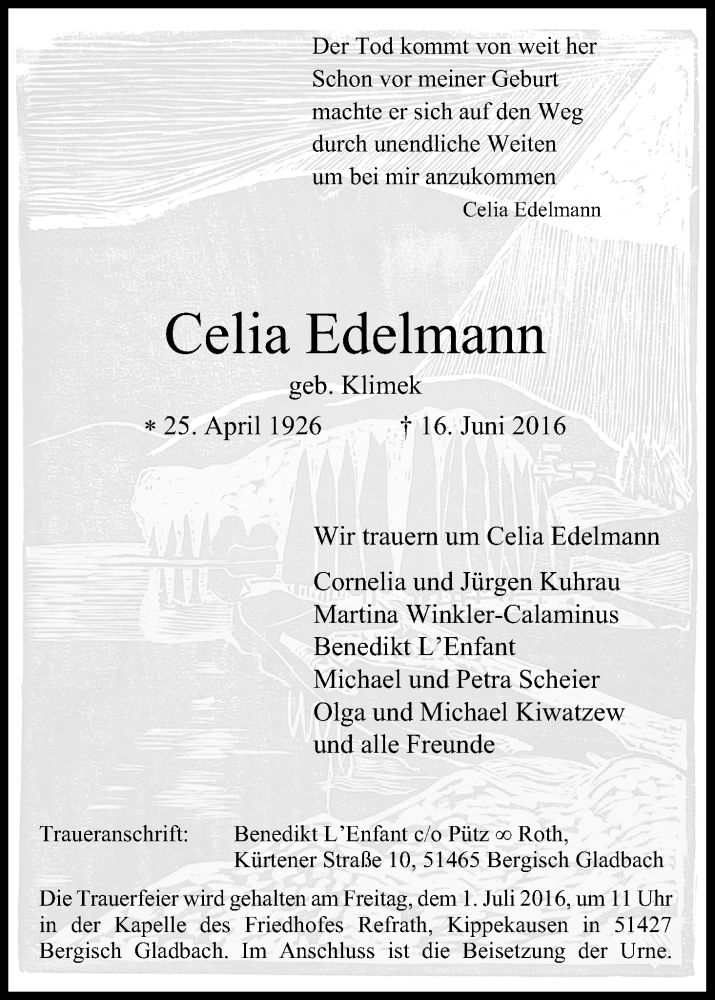  Traueranzeige für Celia Edelmann vom 25.06.2016 aus Kölner Stadt-Anzeiger / Kölnische Rundschau / Express