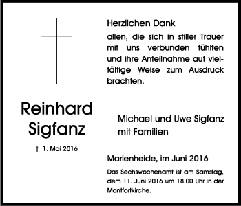 Anzeige von Reinhard Sigfranz von Kölner Stadt-Anzeiger / Kölnische Rundschau / Express