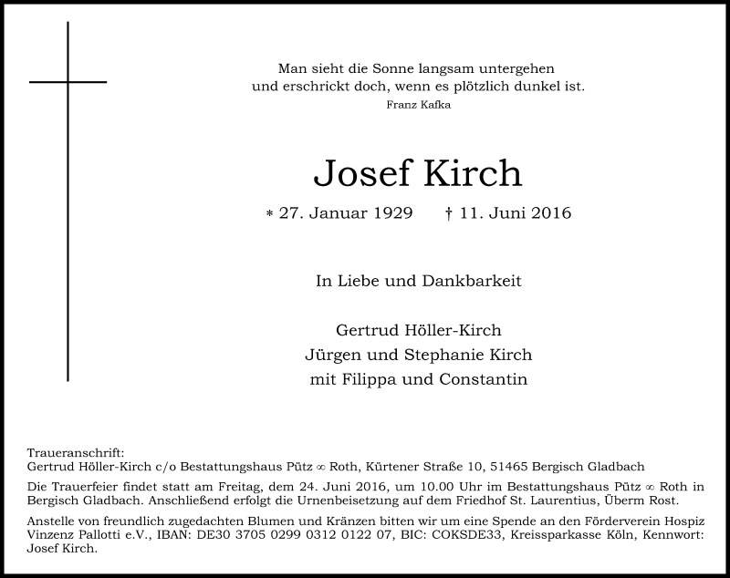  Traueranzeige für Josef Kirch vom 17.06.2016 aus Kölner Stadt-Anzeiger / Kölnische Rundschau / Express