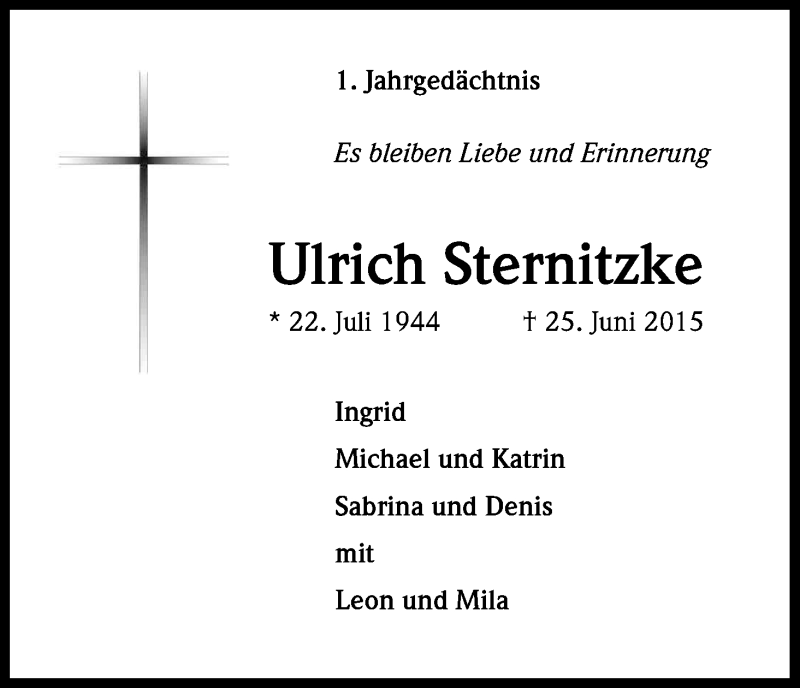  Traueranzeige für Ulrich Sternitzke vom 24.06.2016 aus Kölner Stadt-Anzeiger / Kölnische Rundschau / Express