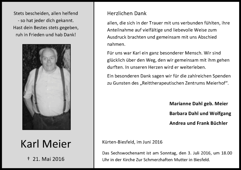  Traueranzeige für Karl Meier vom 25.06.2016 aus Kölner Stadt-Anzeiger / Kölnische Rundschau / Express