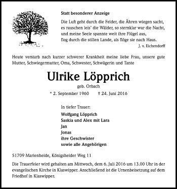Anzeige von Ulrike Löpprich von Kölner Stadt-Anzeiger / Kölnische Rundschau / Express