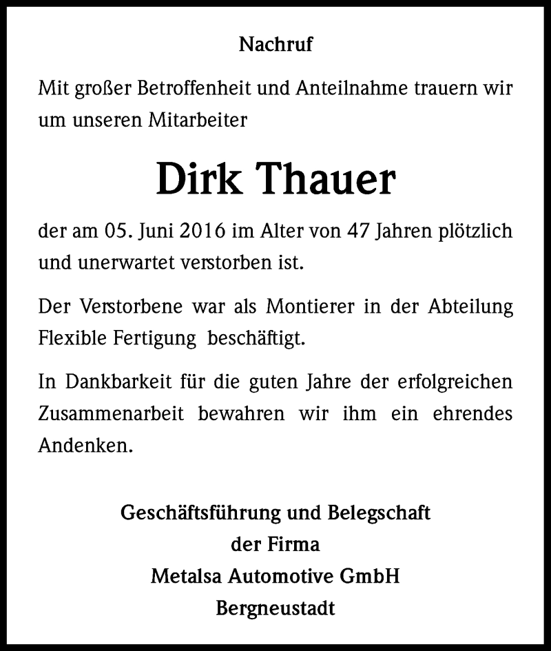  Traueranzeige für Dirk Thauer vom 11.06.2016 aus Kölner Stadt-Anzeiger / Kölnische Rundschau / Express
