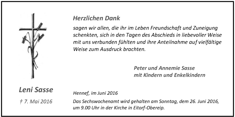  Traueranzeige für Leni Sasse vom 15.06.2016 aus  Extra Blatt 