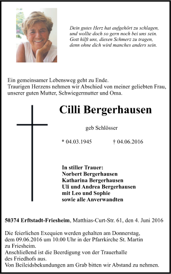 Anzeige von Cilli Bergerhausen von Kölner Stadt-Anzeiger / Kölnische Rundschau / Express