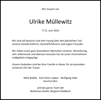 Anzeige von Ulrike Müllewitz von Kölner Stadt-Anzeiger / Kölnische Rundschau / Express