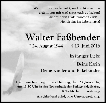Anzeige von Walter Faßbender von Kölner Stadt-Anzeiger / Kölnische Rundschau / Express