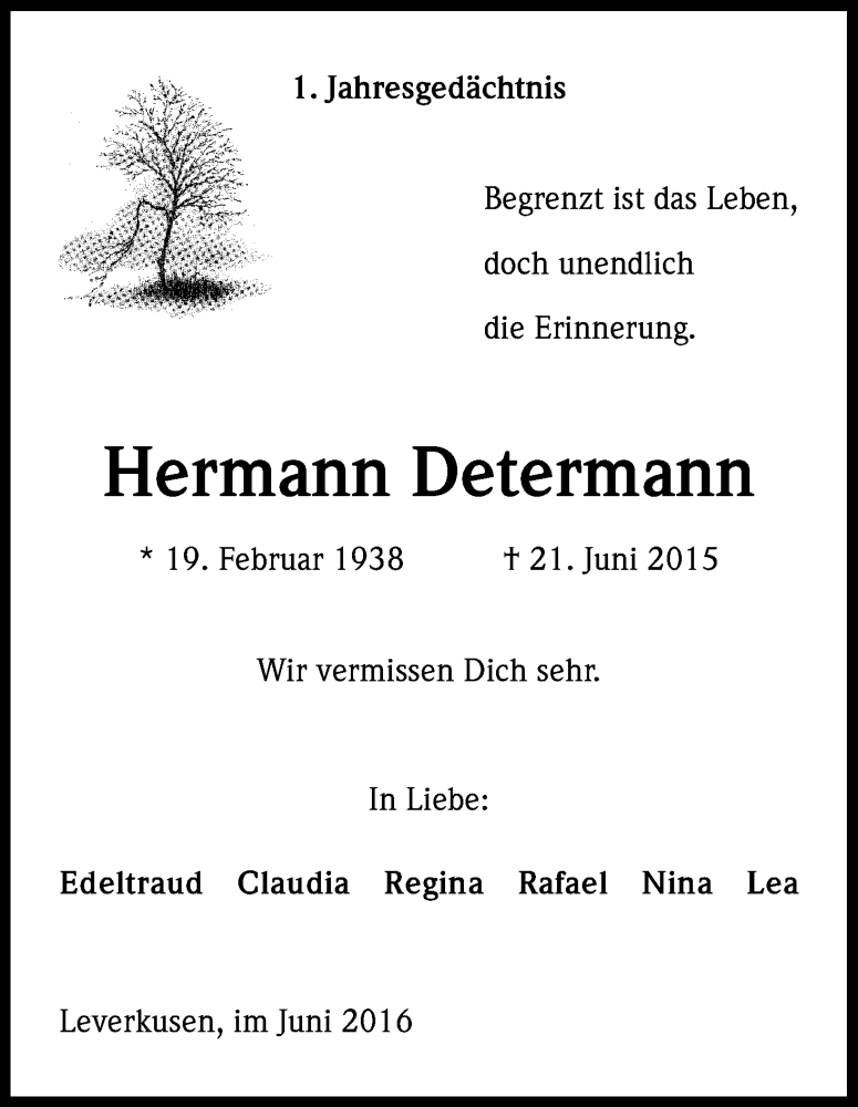  Traueranzeige für Hermann Determann vom 21.06.2016 aus Kölner Stadt-Anzeiger / Kölnische Rundschau / Express