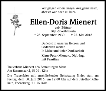 Anzeige von Ellen-Doris Mienert von Kölner Stadt-Anzeiger / Kölnische Rundschau / Express