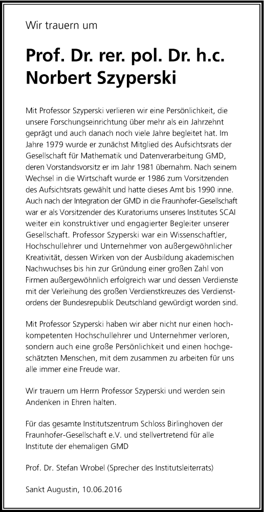  Traueranzeige für Norbert Szyperski vom 11.06.2016 aus Kölner Stadt-Anzeiger / Kölnische Rundschau / Express