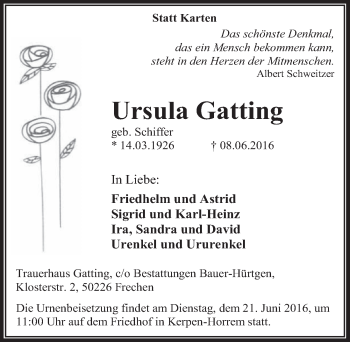 Anzeige von Ursula Gatting von  Sonntags-Post 