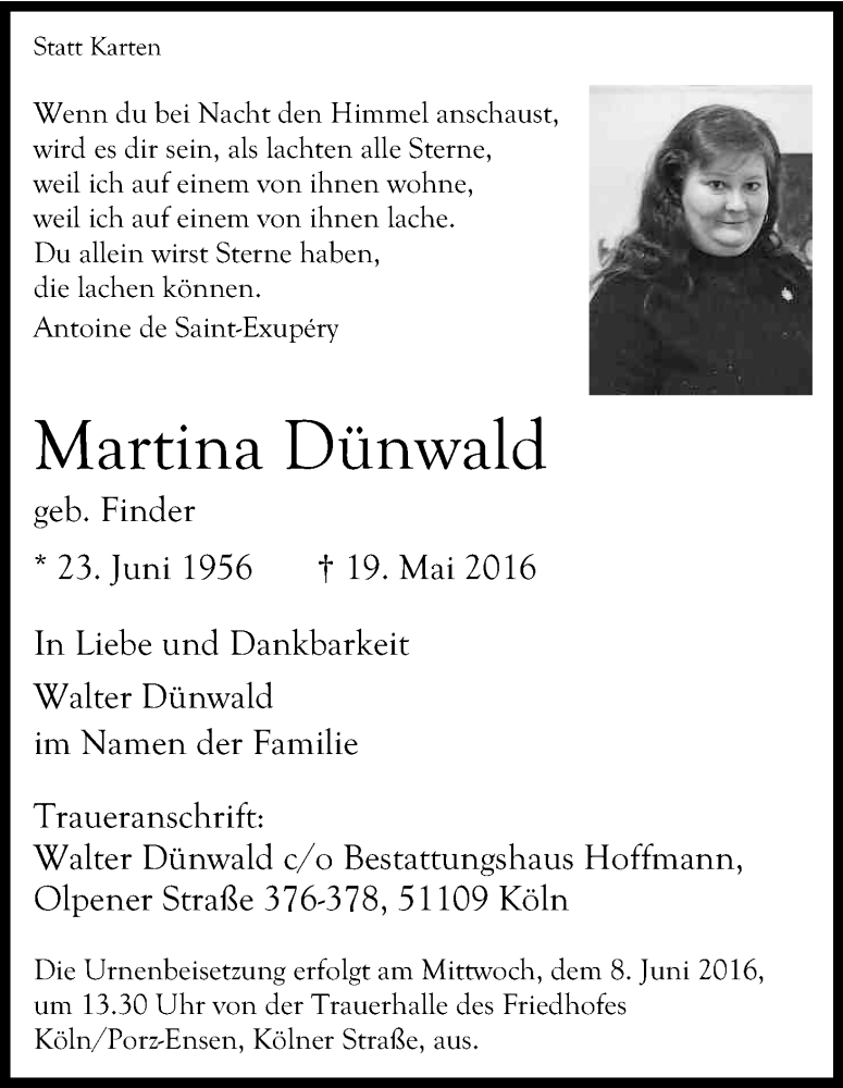 Traueranzeige für Martina Dünwald vom 04.06.2016 aus Kölner Stadt-Anzeiger / Kölnische Rundschau / Express