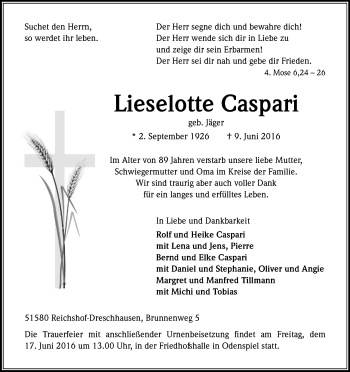 Anzeige von Lieselotte Caspari von Kölner Stadt-Anzeiger / Kölnische Rundschau / Express