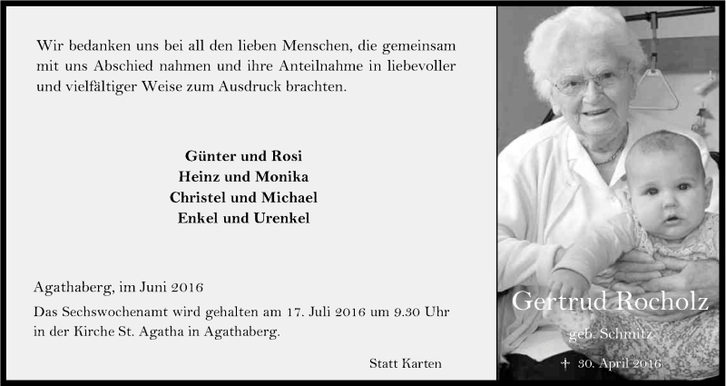  Traueranzeige für Gertrud Rocholz vom 11.06.2016 aus Kölner Stadt-Anzeiger / Kölnische Rundschau / Express