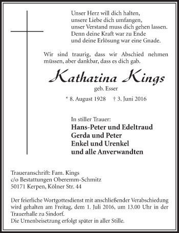 Anzeige von Katharina Kings von  Sonntags-Post 
