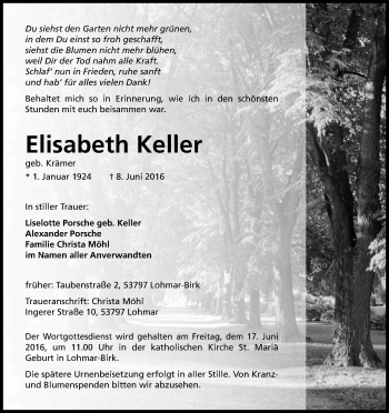 Anzeige von Elisabeth Keller von Kölner Stadt-Anzeiger / Kölnische Rundschau / Express