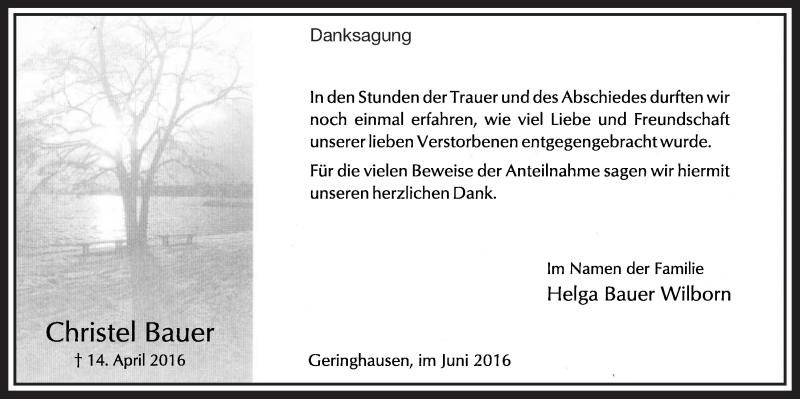  Traueranzeige für Christel Bauer vom 29.06.2016 aus  Lokalanzeiger 