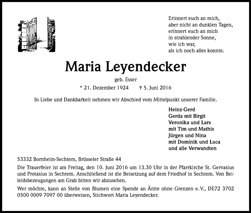  Traueranzeige für Maria Leyendecker vom 08.06.2016 aus Kölner Stadt-Anzeiger / Kölnische Rundschau / Express