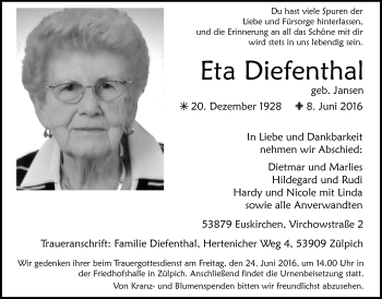 Anzeige von Eta Diefenthal von  Blickpunkt Euskirchen 