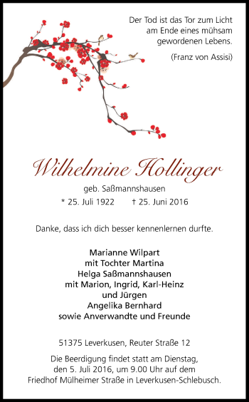Anzeige von Wilhelmine Hollinger von Kölner Stadt-Anzeiger / Kölnische Rundschau / Express