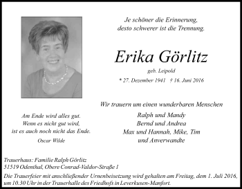 Anzeige von Erika Görlitz von Kölner Stadt-Anzeiger / Kölnische Rundschau / Express
