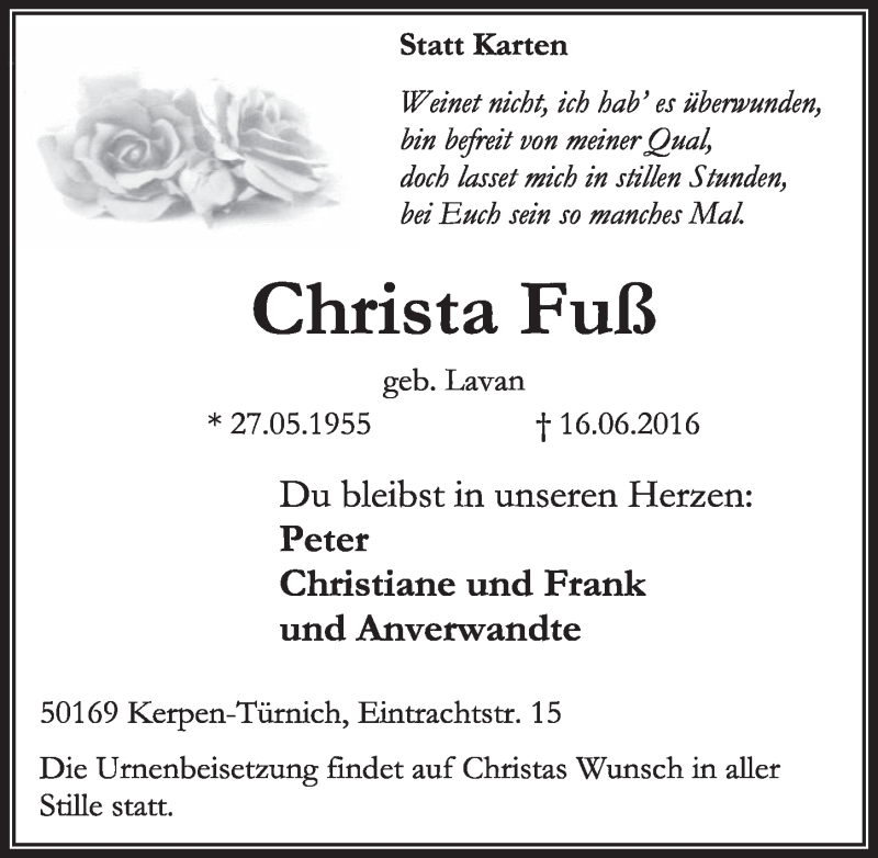  Traueranzeige für Christa Fuß vom 25.06.2016 aus  Sonntags-Post 