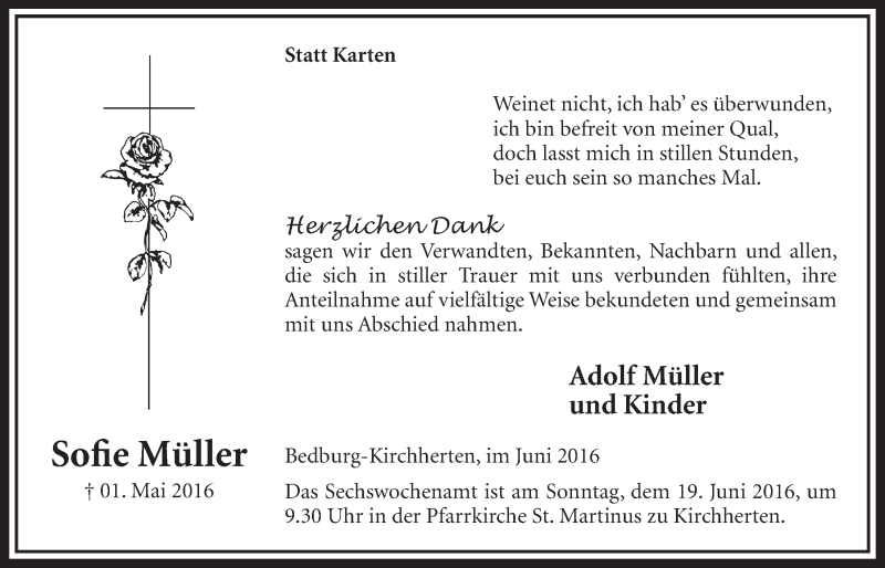  Traueranzeige für Sofie Müller vom 11.06.2016 aus  Sonntags-Post 