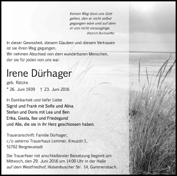 Anzeige von Irene Dürhager von Kölner Stadt-Anzeiger / Kölnische Rundschau / Express