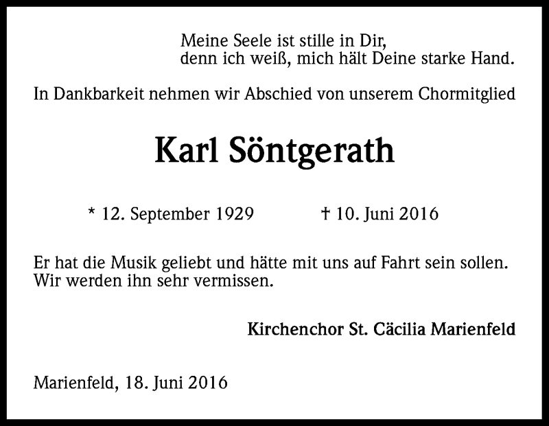  Traueranzeige für Karl Söntgerath vom 18.06.2016 aus Kölner Stadt-Anzeiger / Kölnische Rundschau / Express