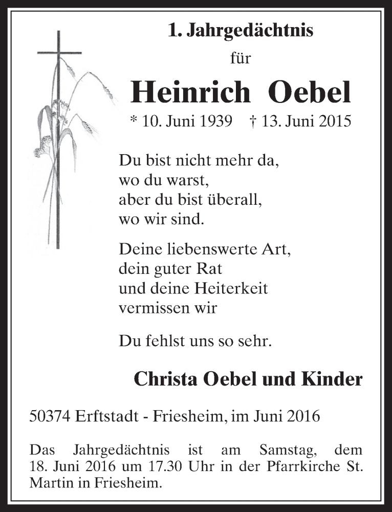  Traueranzeige für Heinrich Oebel vom 15.06.2016 aus  Werbepost 