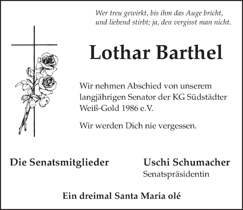  Traueranzeige für Lothar Barthel vom 15.06.2016 aus  Schlossbote/Werbekurier 