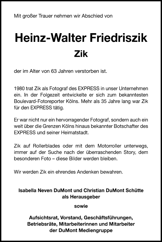  Traueranzeige für Zik  vom 08.06.2016 aus Kölner Stadt-Anzeiger / Kölnische Rundschau / Express
