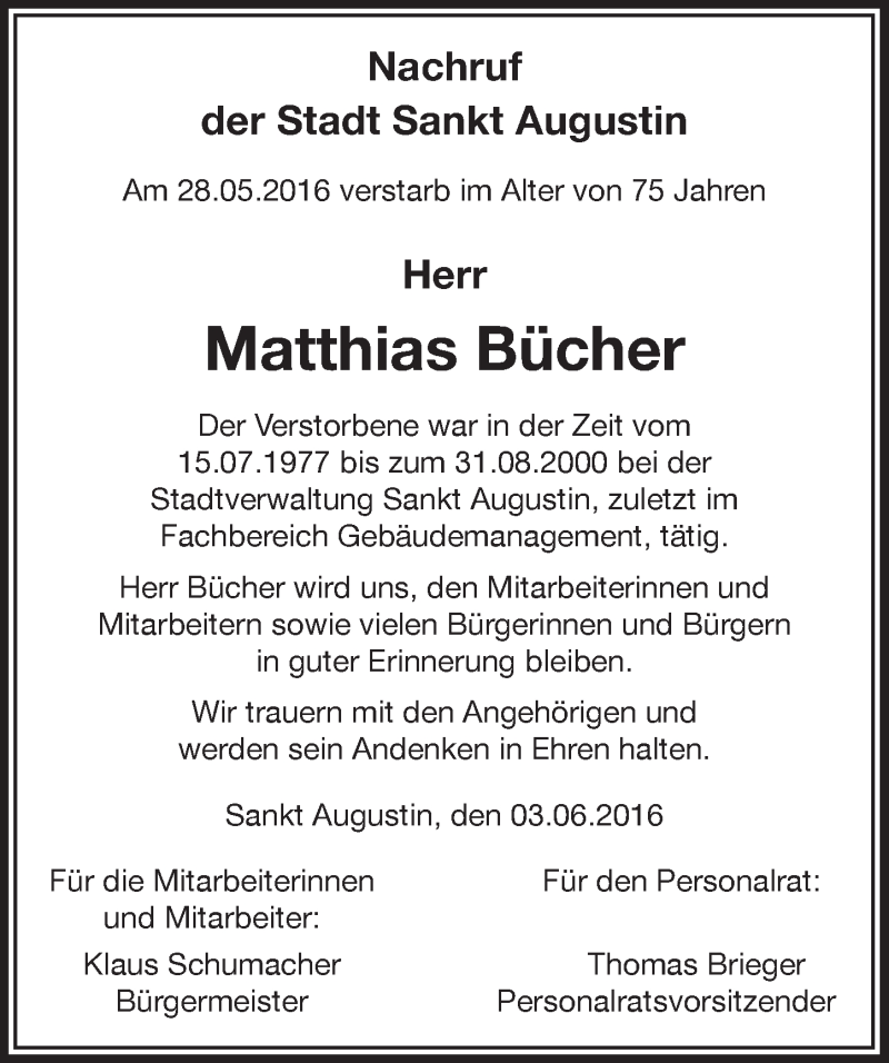  Traueranzeige für Matthias Bücher vom 15.06.2016 aus  Extra Blatt 