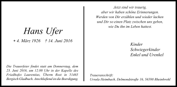 Anzeige von Hans Ufer von Kölner Stadt-Anzeiger / Kölnische Rundschau / Express
