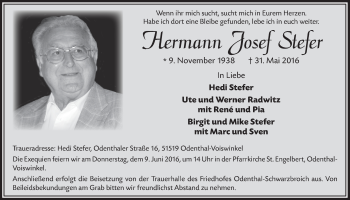 Anzeige von Hermann Josef Stefer von  Bergisches Handelsblatt 
